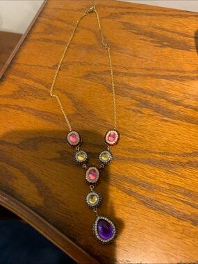 Gold-Tone Multi Gem Teardrop Pendant Necklace - Pink, Yellow, Purple